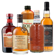 Drambuie whiskylikeur, Aerstone sea- of landcask whisky, Bols corenwijn, Monkey shoulder of Naked